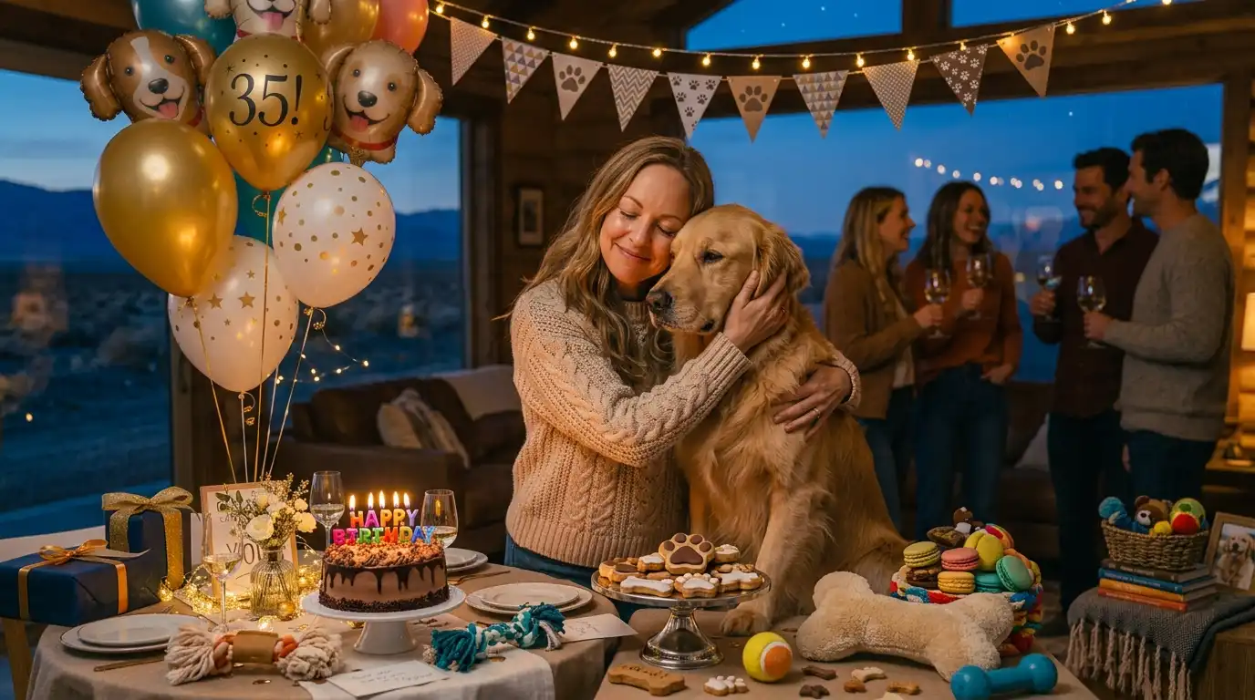 Thank You Birthday Messages for Dog Lovers A heartwarming birthday moment where a dog lover gently hugs their beloved dog while friends celebrate nearby, expression of gratitude and happiness, elegant birthday cake, warm glowing candles, subtle decorations, cozy atmosphere, beautiful human-animal bond, emotional storytelling, peaceful smiles, cinematic premium photography, soft golden lighting, 16:9 aspect ratio, no text, no letters, no logo, no watermark