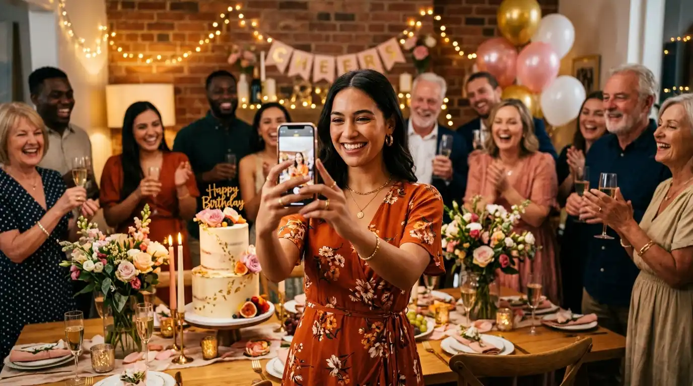 Trending Facebook Birthday Thank You This Year A modern stylish birthday celebration with a happy person taking a social media photo while friends and family celebrate around them, smartphone, elegant birthday cake, balloons, flowers, warm lights, joyful contemporary atmosphere, authentic social media lifestyle aesthetic, cinematic wide-angle composition, premium ultra-realistic photography, soft glowing lighting, highly detailed, 16:9 aspect ratio, no text, no letters, no logo, no watermark
